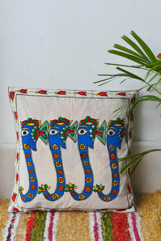 Madhubani Painting Cute Elephant Design Cushion