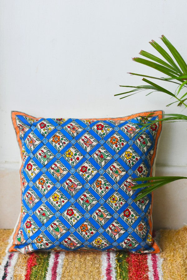 Madhubani Painting Blue Peacock Design Cushion