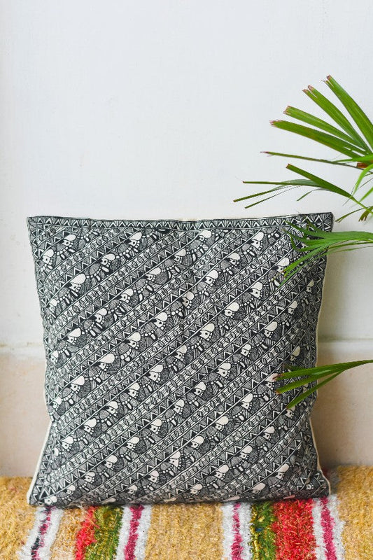 Madhubani Painting Black Fish Design Cushion