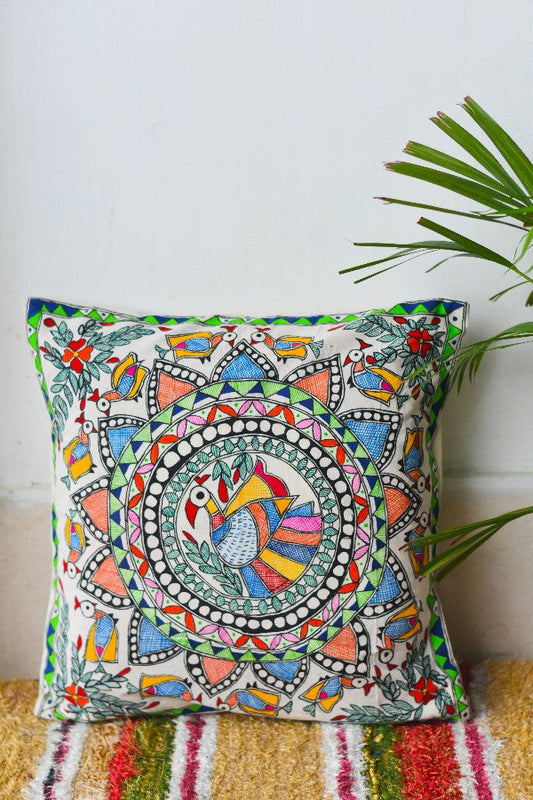 Madhubani Painting Peacock Design Cushion