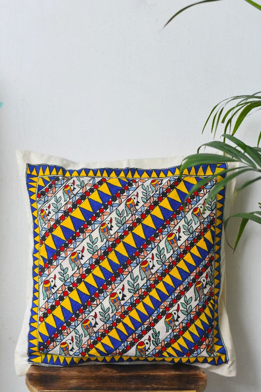 Madhubani Painting Peacock Border Design Cushion