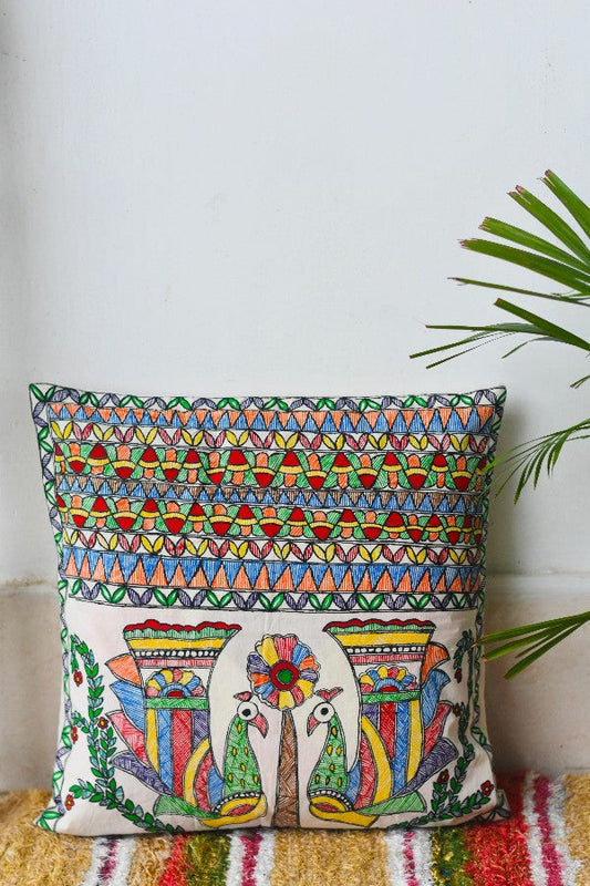 Madhubani Painting Peacock On Tree Cushion