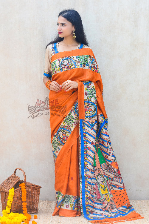 'BHAVYA DURGA' Handpainted Madhubani Tussar Silk Saree Blouse