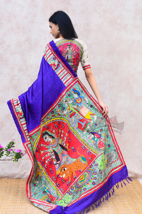 'DEVI' Handpainted Madhubani Tussar Silk Saree Blouse Set