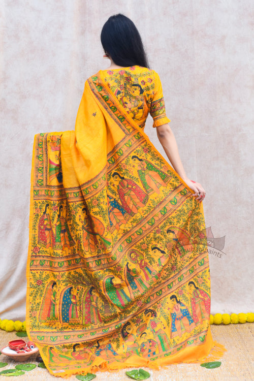 'VIVAH' Handpainted Madhubani Tussar Silk Saree Blouse Set