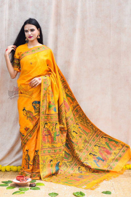 'VIVAH' Handpainted Madhubani Tussar Silk Saree Blouse Set