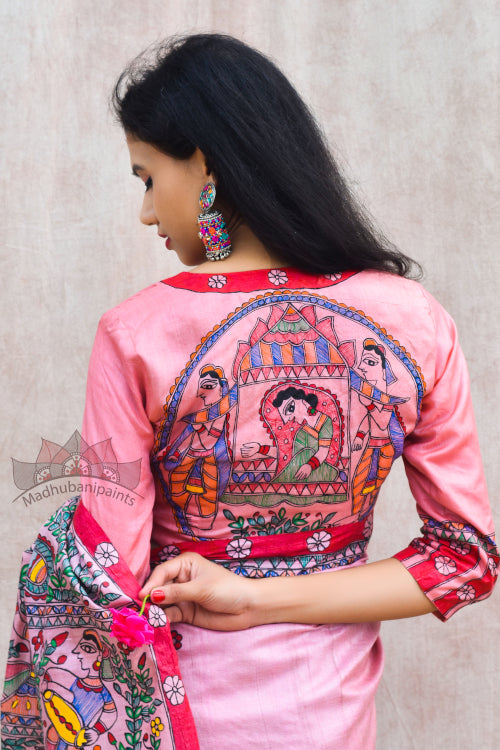 'GULABI DOLI' Handpainted Madhubani Tussar Silk Saree Blouse Set