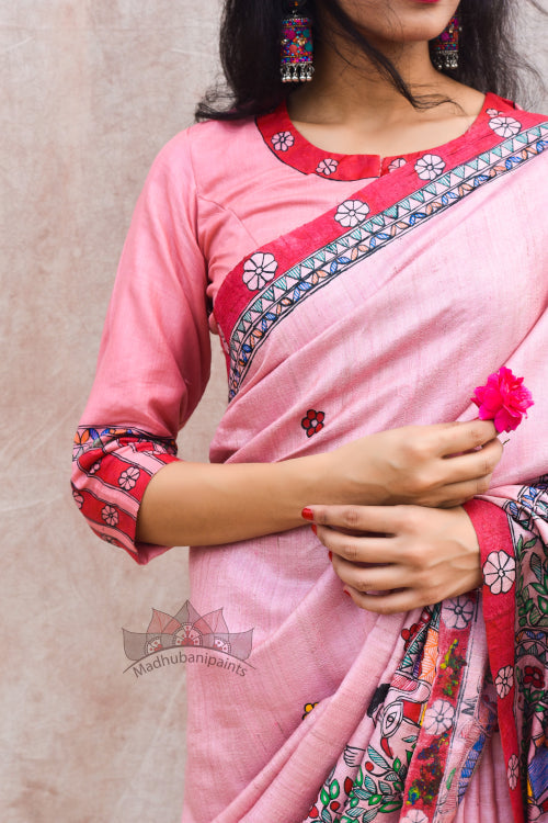 'GULABI DOLI' Handpainted Madhubani Tussar Silk Blouse