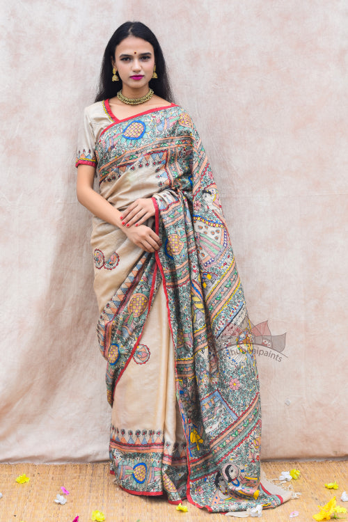 'RAMAYANA' Handpainted Madhubani Tussar Silk Saree Blouse Set