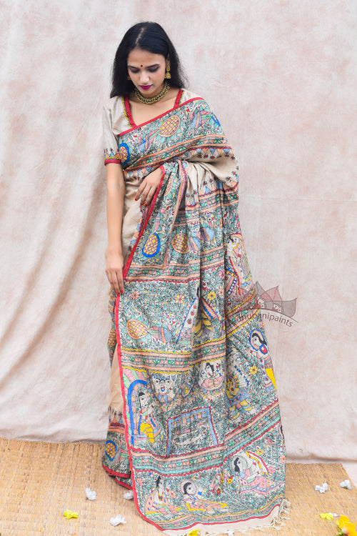 'RAMAYANA' Handpainted Madhubani Tussar Silk Saree Blouse Set