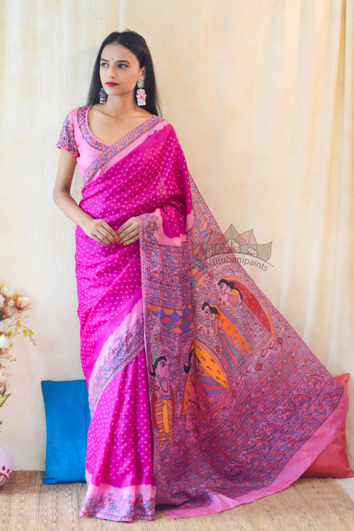 'SITA SWAYAMBAR' Handpainted Madhubani Bandhini Pure Silk Saree