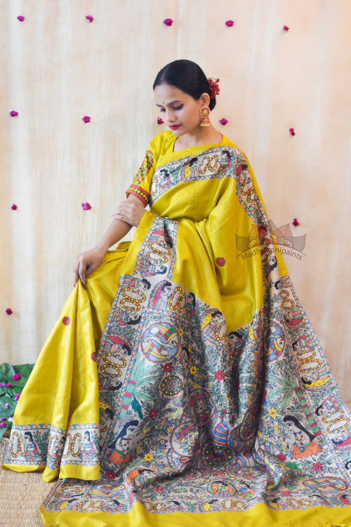 'MITHILA KOHBAR' Yellow Tussar Silk Saree Blouse Set
