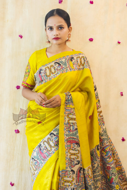 'MITHILA KOHBAR' Yellow Tussar Silk Saree Blouse Set