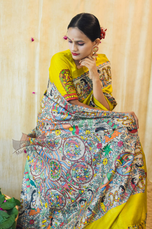 'MITHILA KOHBAR' Yellow Tussar Silk Saree Blouse Set
