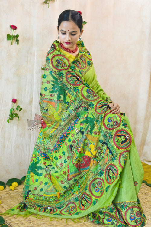 'Bengali Wedding' Handpainted Madhubani Chanderi Saree