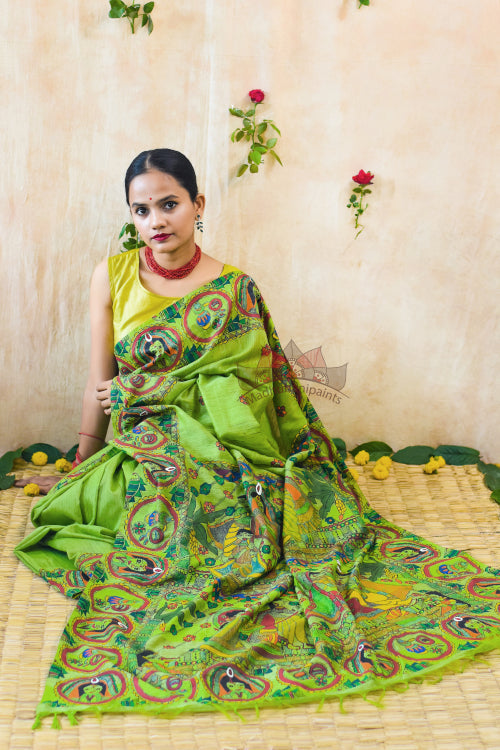 'Bengali Wedding' Handpainted Madhubani Chanderi Saree