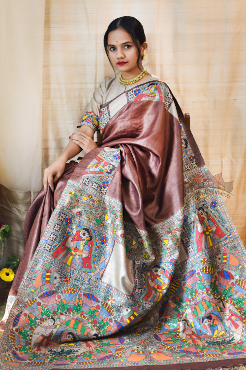'MITHILA KOHBAR' Handpainted Madhubani Brown Tussar Silk Saree