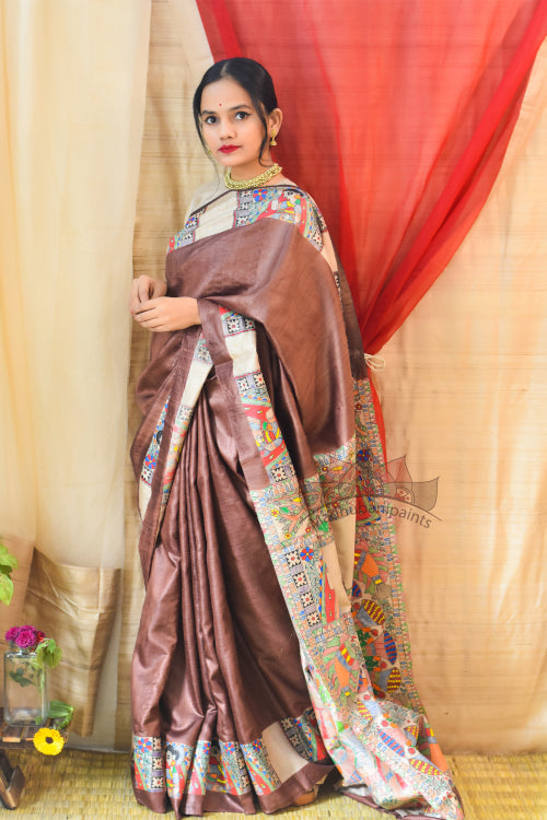 'MITHILA KOHBAR' Handpainted Madhubani Brown Tussar Silk Saree
