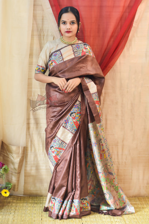 'MITHILA KOHBAR' Handpainted Madhubani Brown Tussar Silk Saree