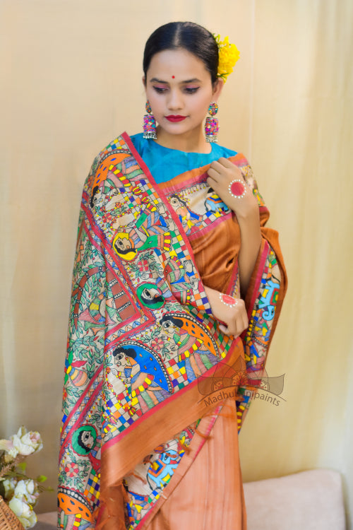 'KOHBAR' Handpainted Madhubani Rust Orange Tussar Silk Saree
