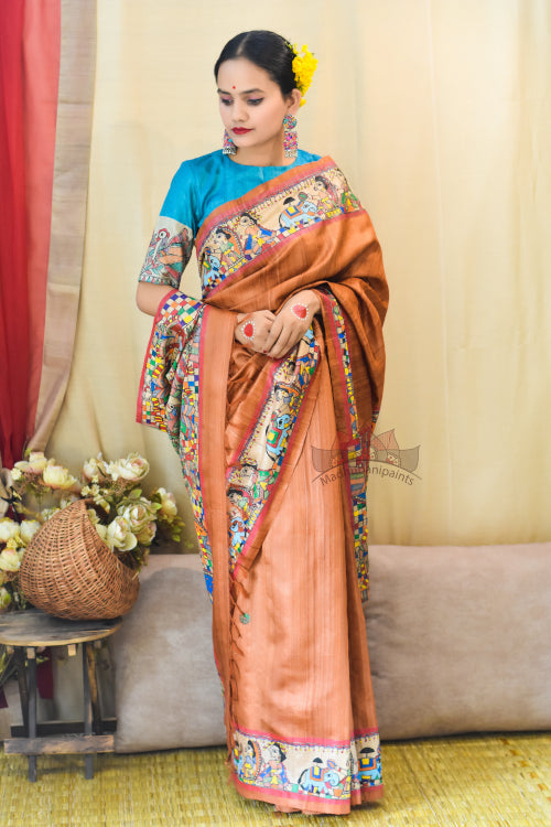 'KOHBAR' Handpainted Madhubani Rust Orange Tussar Silk Saree