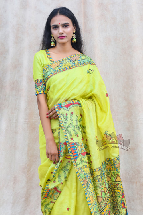 'MITHILA GUDIYA' Handpainted Madhubani Tussar Silk Saree