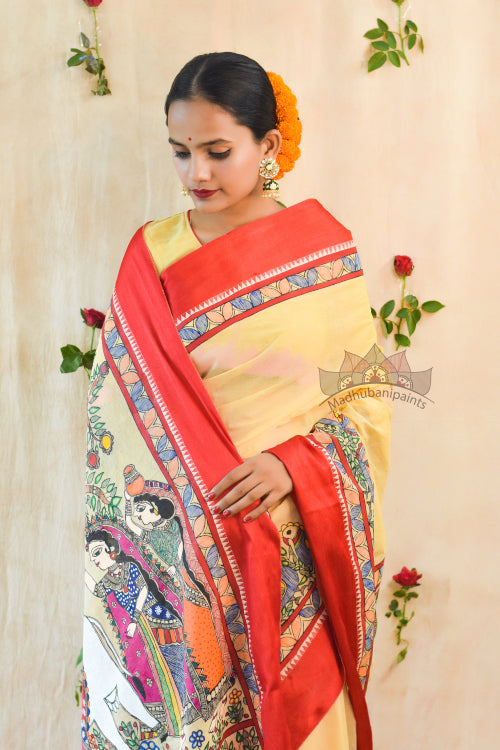'RADHA KRISHNA LEELA' Handpainted Madhubani Cotton Saree
