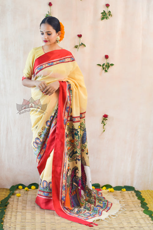 'RADHA KRISHNA LEELA' Handpainted Madhubani Cotton Saree