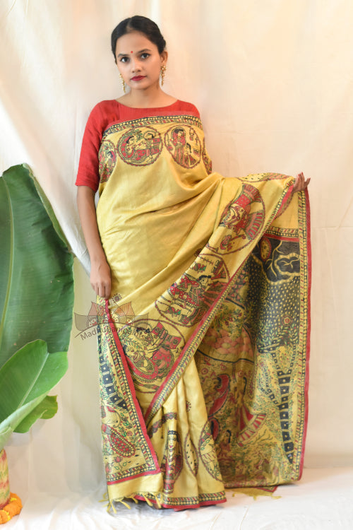 'KRISHNA JEEVAN KATHA' Tussar Silk Saree with stitched blouse