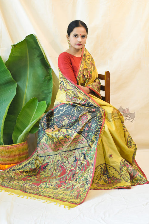 'KRISHNA JEEVAN KATHA' Tussar Silk Saree with stitched blouse