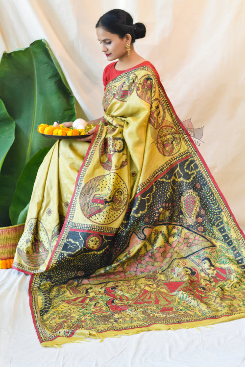 'KRISHNA JEEVAN KATHA' Tussar Silk Saree with stitched blouse