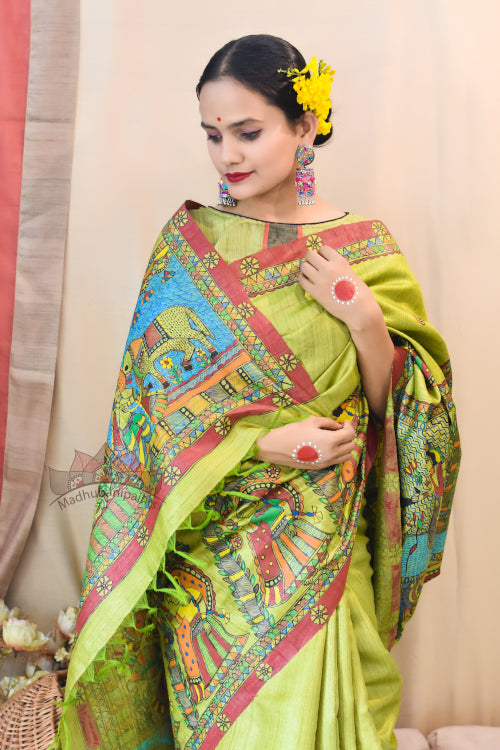 'VISHNU LEELA' Handpainted Madhubani Tussar Silk Saree