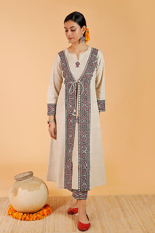 'Surmai Kachni Angrakha' Handpainted Madhubani Cotton Kurta