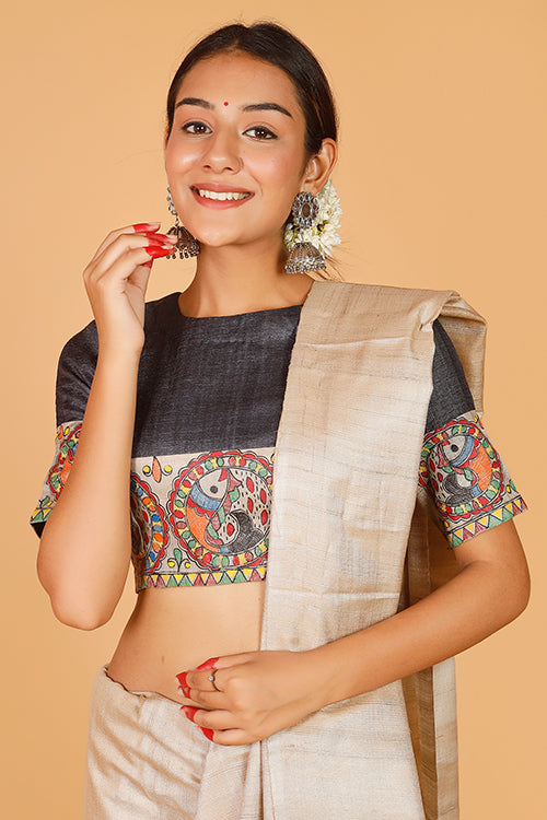 'Surmai Shankh' Handpainted Madhubani Tussar Silk Blouse