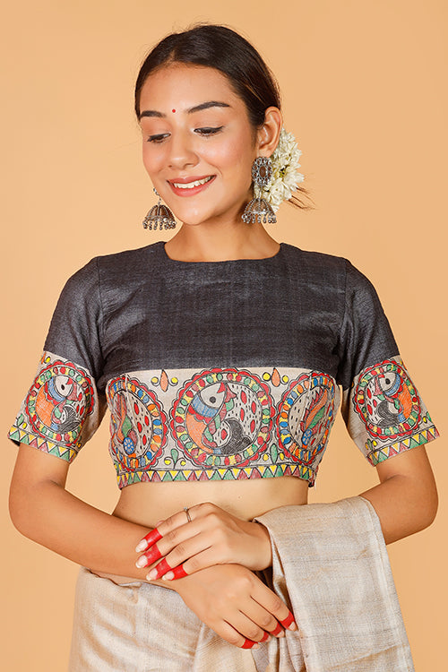 'Surmai Shankh' Handpainted Madhubani Tussar Silk Blouse