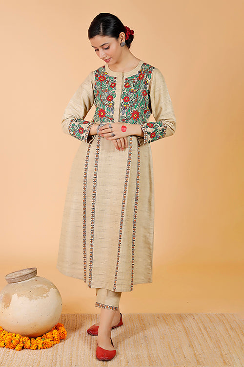'Mayur' Handpainted Madhubani Pleated Dress Cotton Kurta