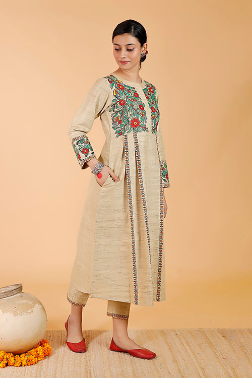 'Mayur' Handpainted Madhubani Pleated Dress Cotton Kurta