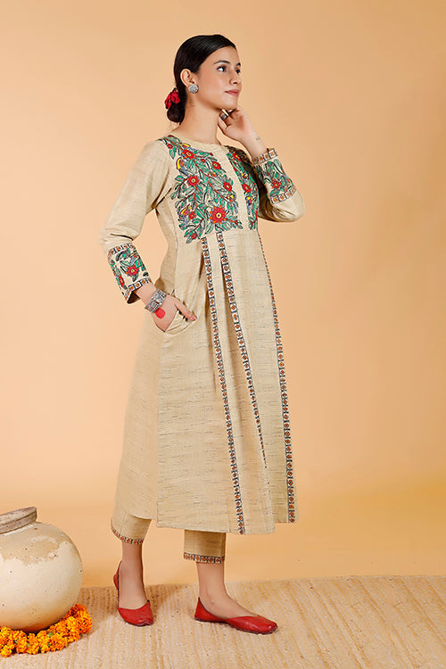 'Mayur' Handpainted Madhubani Pleated Dress Cotton Kurta