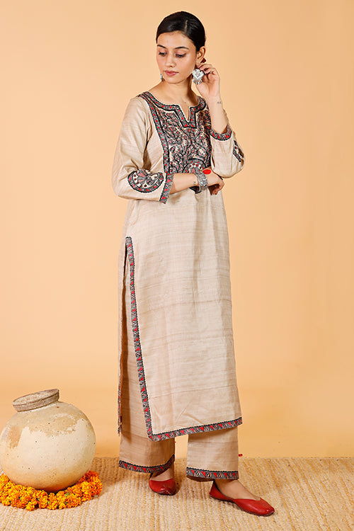 'Surmai & The Lotus' Handpainted Madhubani Tussar Silk Kurta