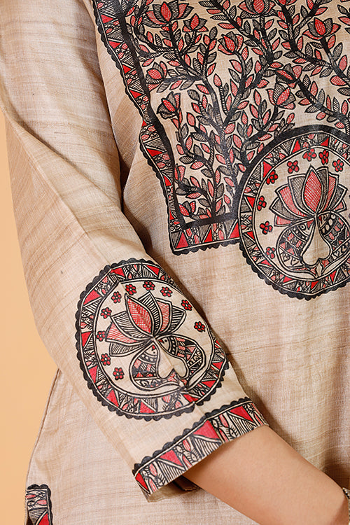 'Surmai & The Lotus' Handpainted Madhubani Tussar Silk Kurta