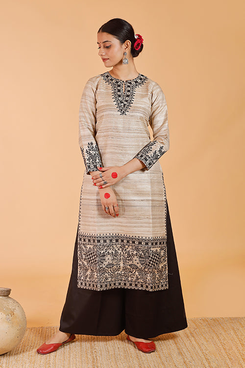 'Joda Mayuri' Handpainted Madhubani Ghicha Silk Kurta