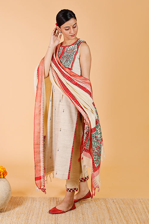 'Mithila Mayur' Handpainted Madhubani Dupatta