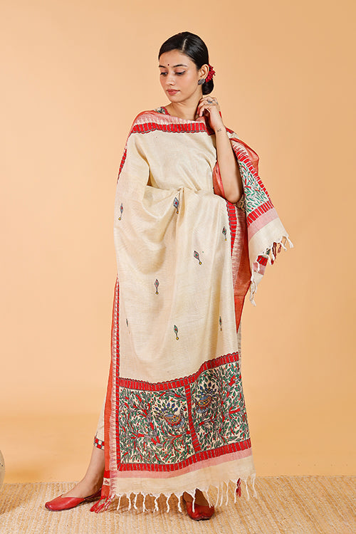 'Mithila Mayur' Handpainted Madhubani Dupatta