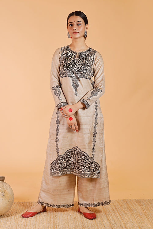 'Pride of Mithila' Handpainted Madhubani Tussar Silk Kurta