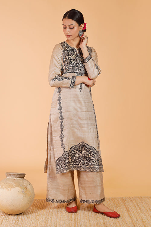 'Pride of Mithila' Handpainted Madhubani Tussar Silk Kurta