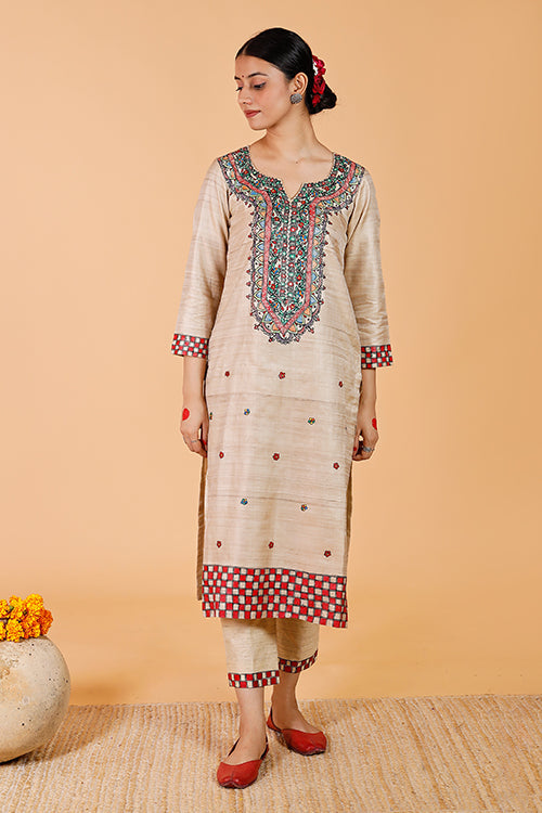 Handpainted Madhubani 'Bagmati' Tussar SIlk Kurta