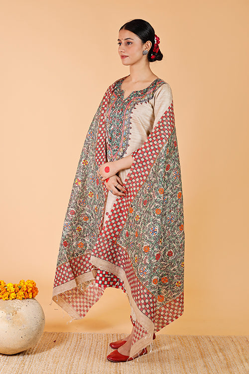 Handpainted Madhubani 'Bagmati' Tussar Silk Dupatta