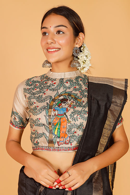 'Radha's stroll' Handpainted Madhubani Tussar Silk Blouse