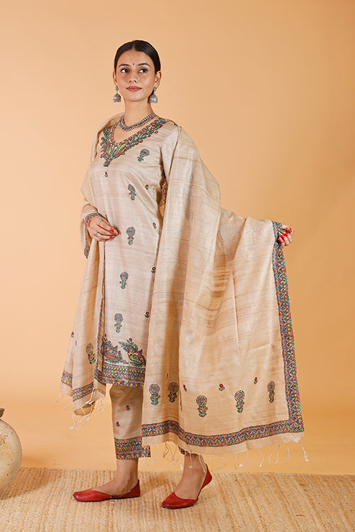 'Maithili' Handpainted Madhubani Tussar Silk Dupatta