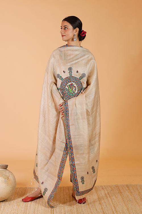 'Maithili' Handpainted Madhubani Tussar Silk Dupatta